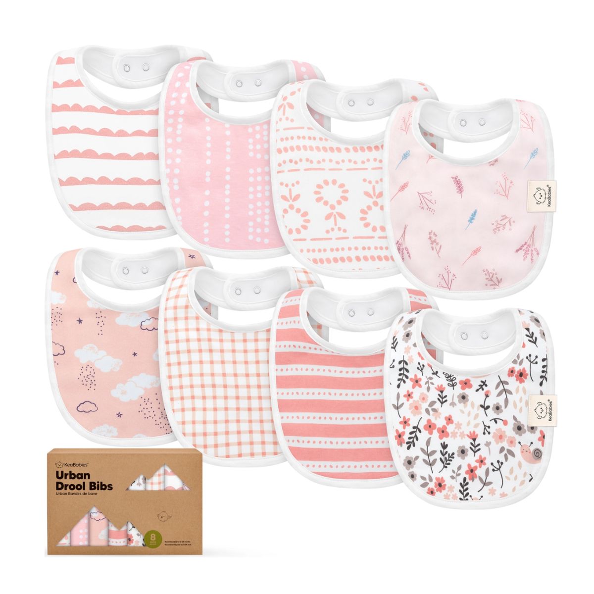 KeaBabies Organic Drool Bibs 8-Pack for Teething Babies 0-24M - Sweet Charm - Practical and Stylish Everyday Essential