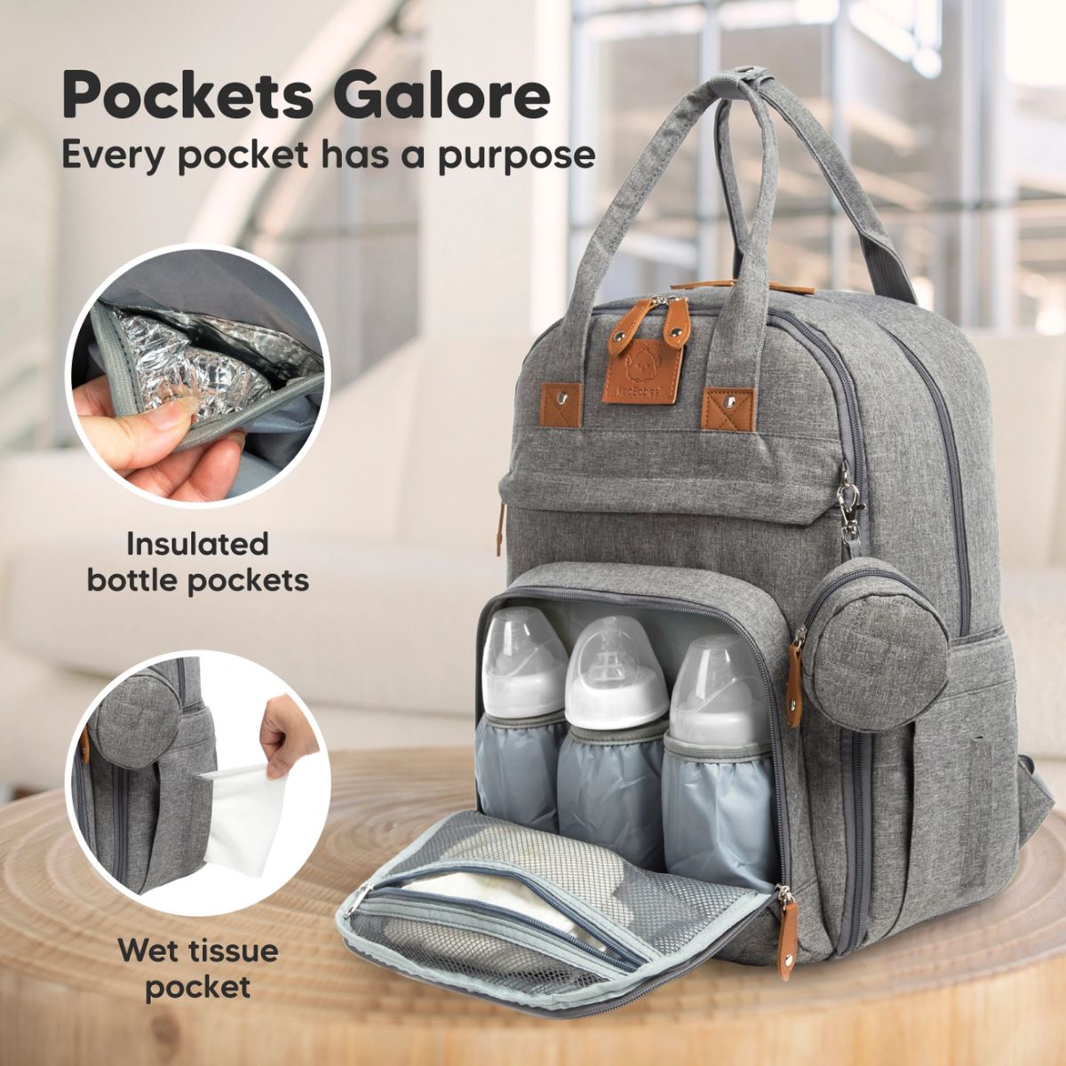 KeaBabies Rove Diaper Backpack - Classic Grey - Smart Organization for Everyday Essentials