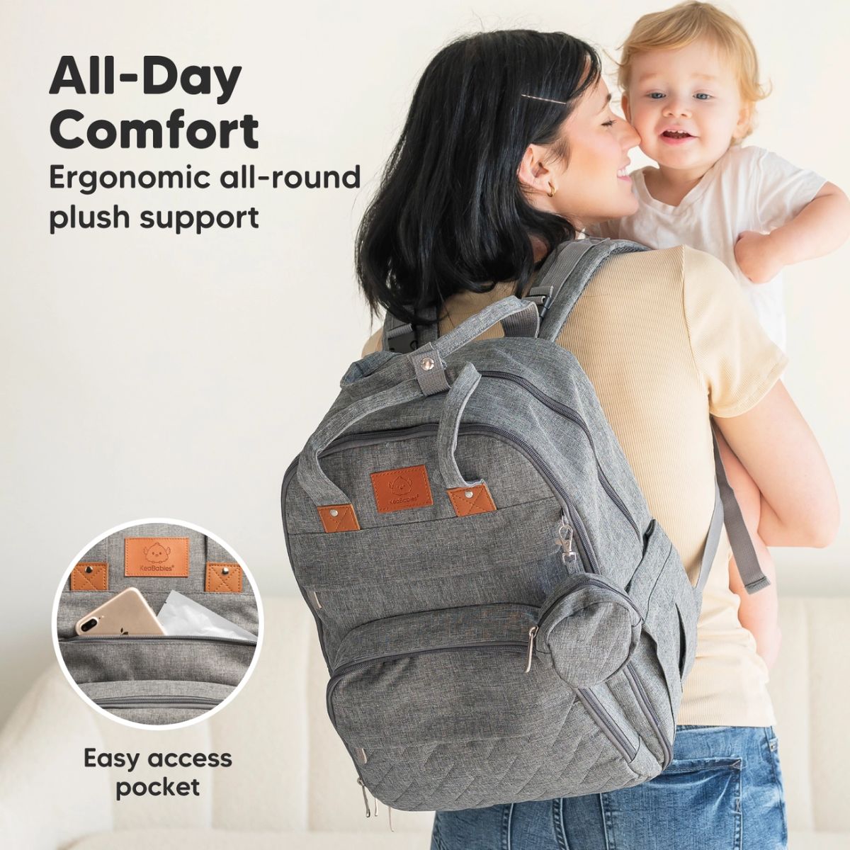 KeaBabies Rove Diaper Backpack - Classic Grey - Comfortable and Hands Free Use