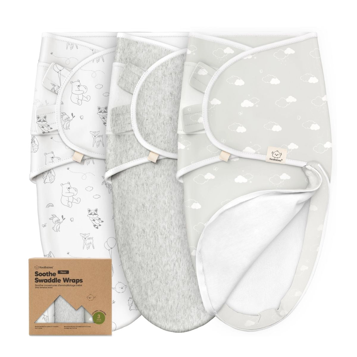 KeaBabies Soothe Swaddle Sack 3 Pack Organic Cotton - Aspire - Safe and Ergonomic Comfort
