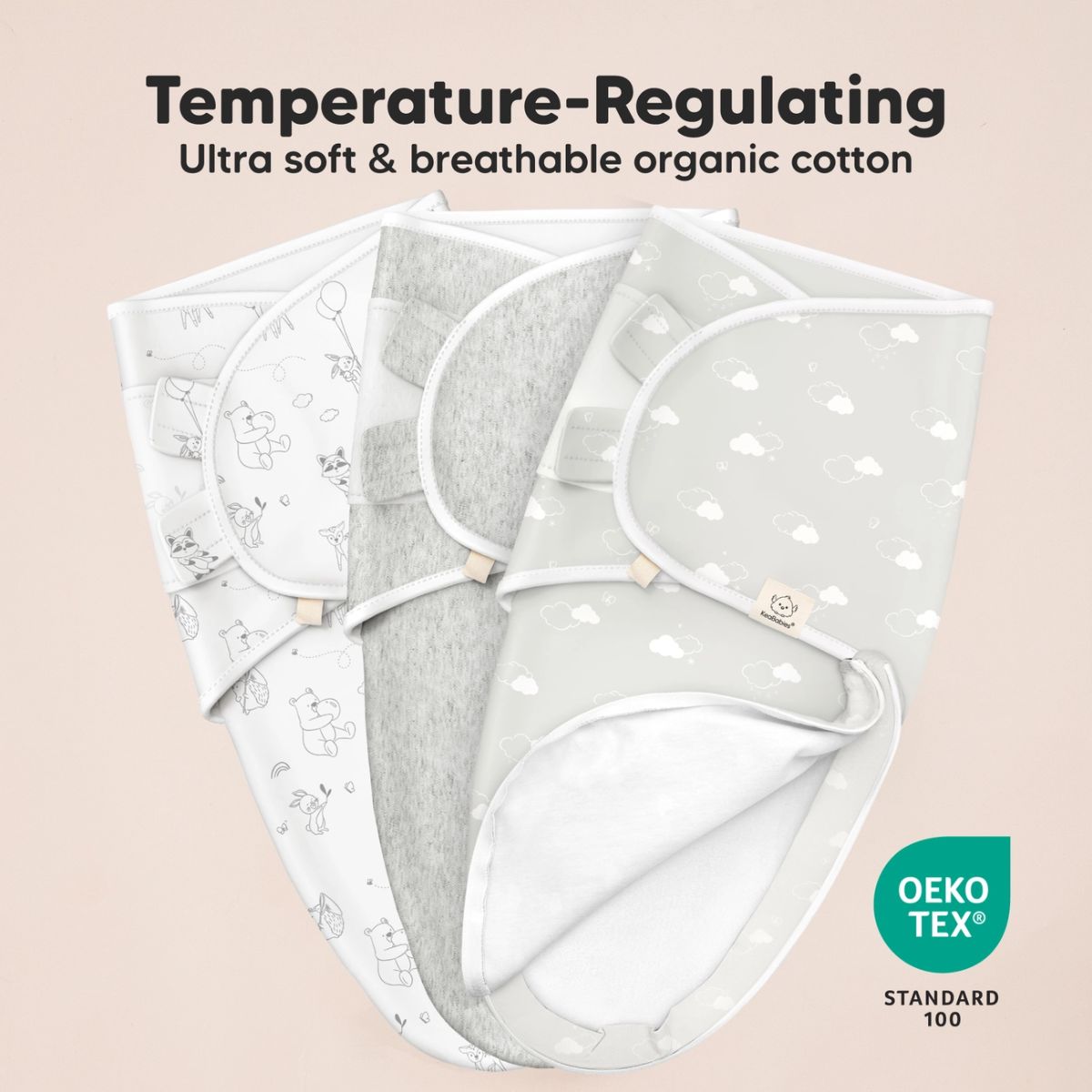 KeaBabies Soothe Swaddle Sack 3 Pack Organic Cotton - Aspire - Premium Breathable Organic Cotton