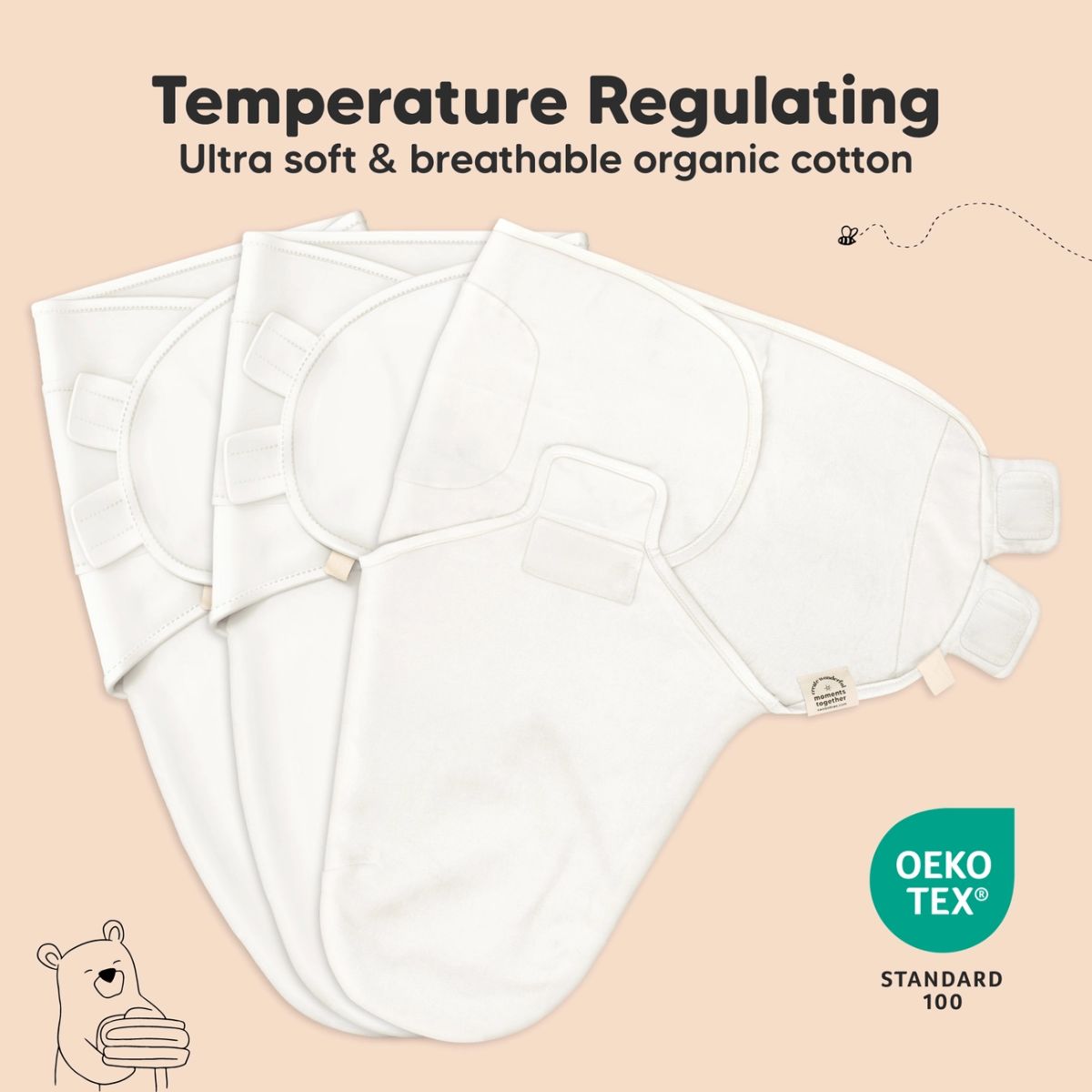 KeaBabies Soothe Swaddle Sack 3 Pack Organic Cotton 0-3M - Soft White - Breathable and Temperature Regulating