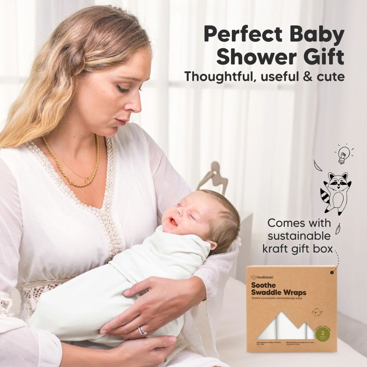 KeaBabies Soothe Swaddle Sack 3 Pack Organic Cotton 0-3M - Soft White - Flexible and Practical for Daily Use